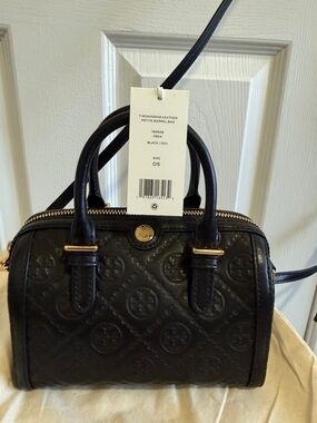 Tory Burch Black Embossed Monogram Barrel Satchel with Gold Hardware